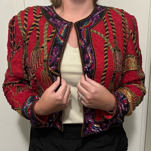 Vintage Niteline Red Sequined Holiday Jacket Tassels Silk Blazer 80s XL - Picture 1 of 9